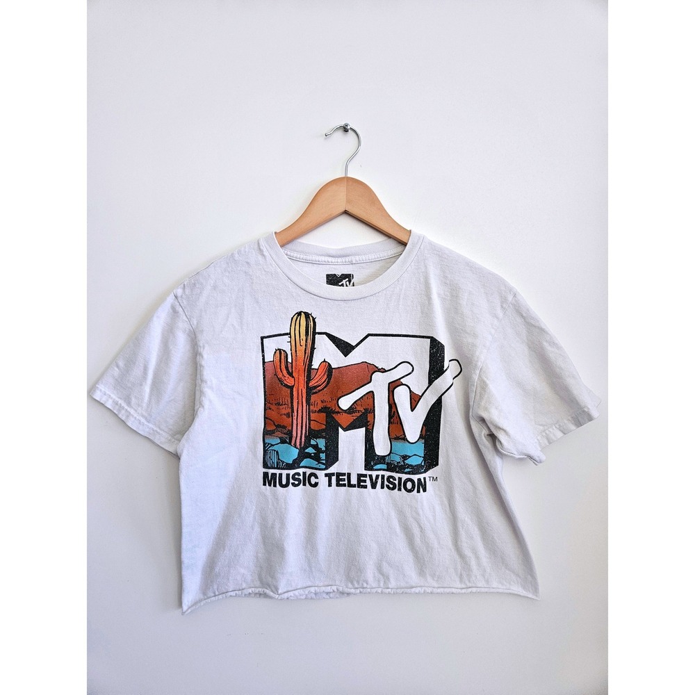 MTV Graphic T-Shirt Womens Medium White Good Cropped Cactus Desert Logo Tee